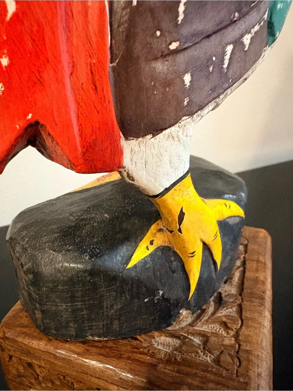 Vintage Handcarved Painted Wooden Rooster Statue - Multicolor